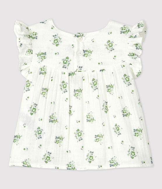Kurzärmelige Baby-Bluse aus Bio-Musselin-Stoff mit Blumenmuster weiss MARSHMALLOW/weiss MULTICO