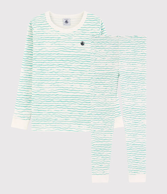 Snugfit-Kinderpyjama aus Baumwolle mit grünen Wellen für Jungen weiss MARSHMALLOW/ VERT