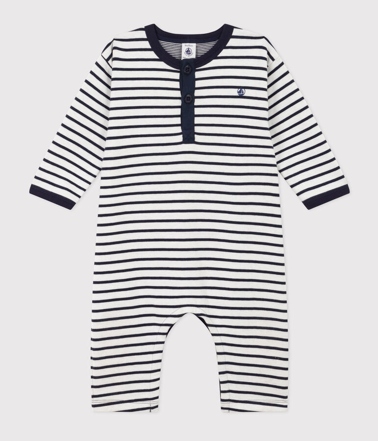 Baby-Langoverall aus dickem Jersey im Streifenlook weiss MARSHMALLOW/blau SMOKING
