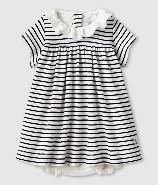 Kurzärmeliges Bodykleid aus Rippstrick für Babys weiss MARSHMALLOW/blau SMOKING