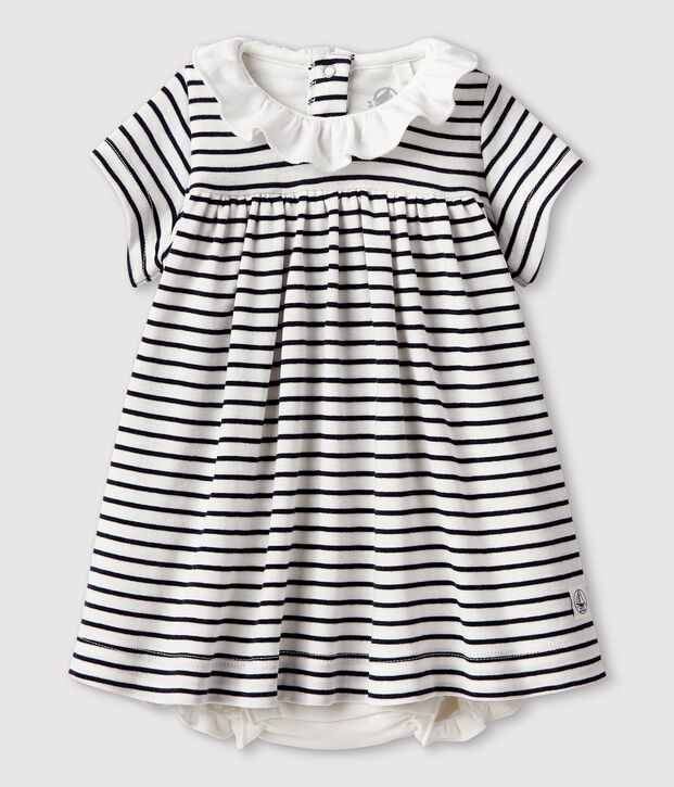 Kurz&auml;rmeliges Bodykleid aus Rippstrick f&uuml;r Babys weiss/blau