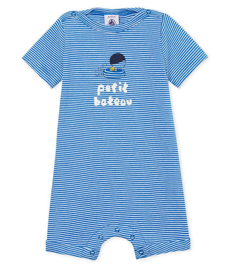 Baby-kurzoverall in ringelstreifenmuster jungen blau/weiss