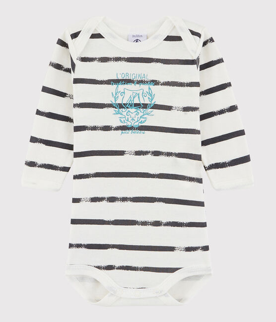 Langärmeliger Baby-Body Jungen weiss LAIT/grau MAKI
