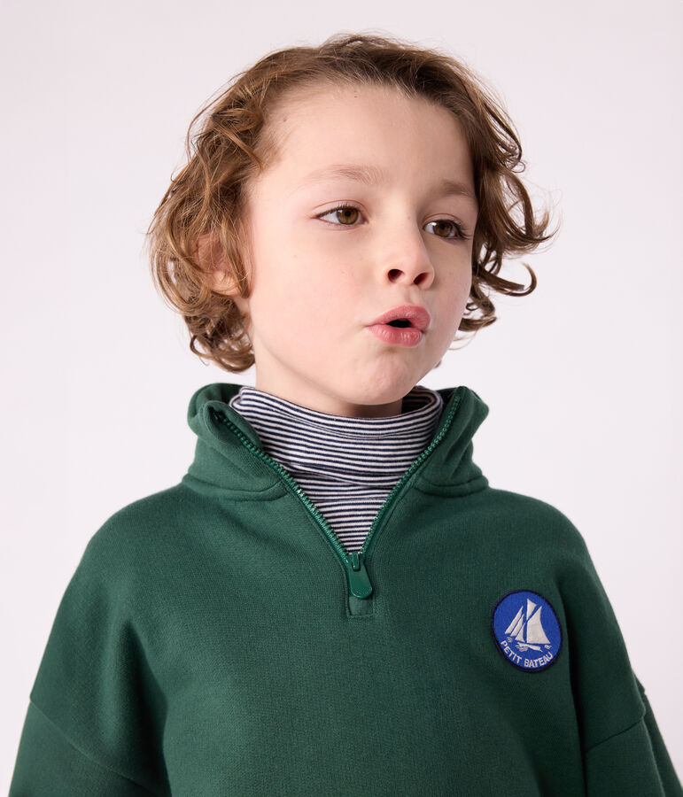 Kinder-Sweatshirt mit Reiverschluss-Kragen aus einfarbiger Baumwolle gr&uuml;n