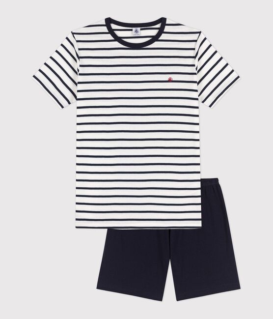 Kinder-Kurzpyjama aus Rippstrick mit Matrosenstreifen weiss MARSHMALLOW/blau SMOKING