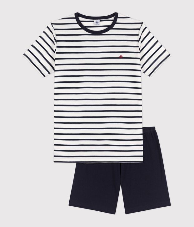 Kinder-Kurzpyjama aus Rippstrick mit Matrosenstreifen weiss/blau