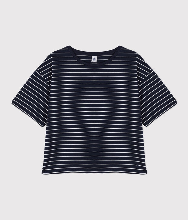 Damen-T-Shirt LE BOXY aus Baumwolle blau/weiss