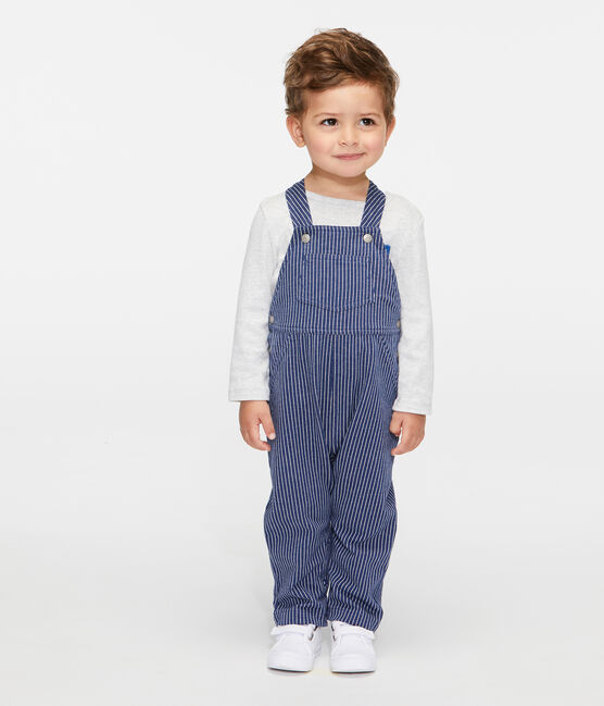 Lange gestreifte Baby-Latzhose aus Strick für Jungen blau SMOKING/weiss MARSHMALLOW