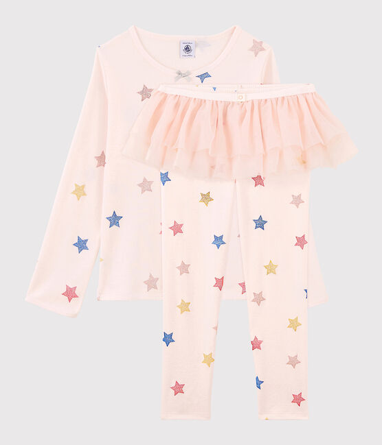 Kinderpyjama aus Rippstrick als Tänzerinnen-Kostüm für Mädchen rosa FLEUR/weiss MULTICO