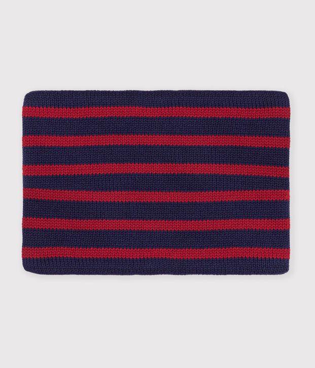 Kinder-Schlauchschal aus Strick mit Streifen und Fleece-Futter blau/rot
