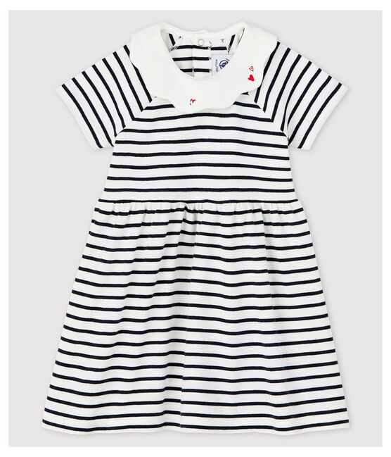 Kurzärmeliges gestreiftes Babykleid aus Rippstrick für Mädchen weiss MARSHMALLOW/blau SMOKING