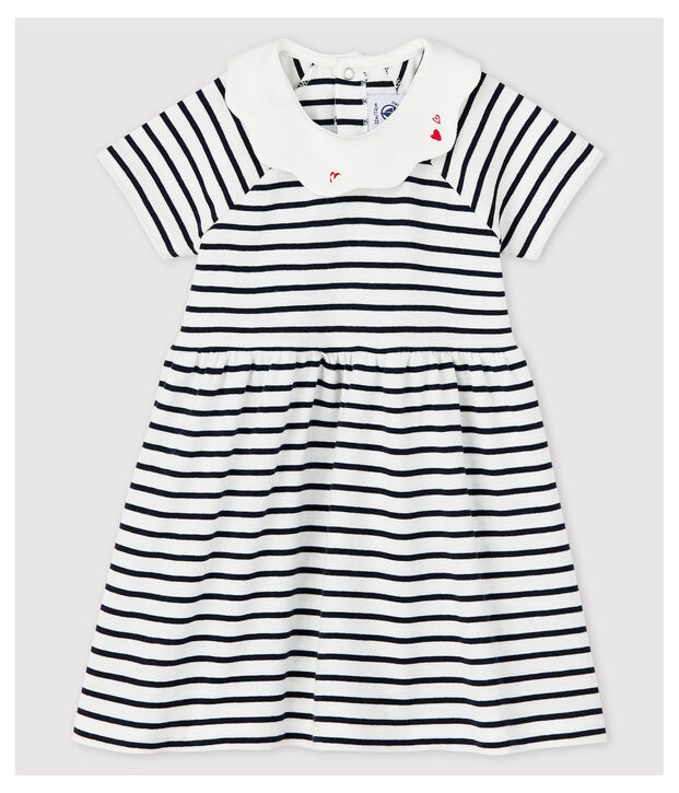 Kurz&auml;rmeliges gestreiftes Babykleid aus Rippstrick f&uuml;r M&auml;dchen weiss/blau