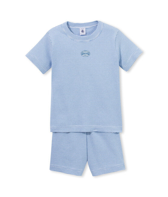 Kurzer Schlafanzug für Jungen, geringelte BW blau ALASKA/weiss ECUME