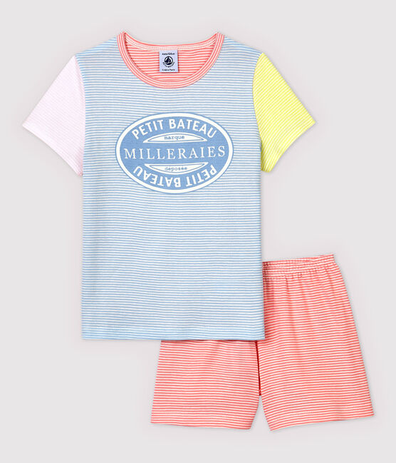 Kinder-Kurzpyjama aus Baumwolle mit bunten Milleraies-Streifen für Mädchen blau JASMIN/weiss MULTICO