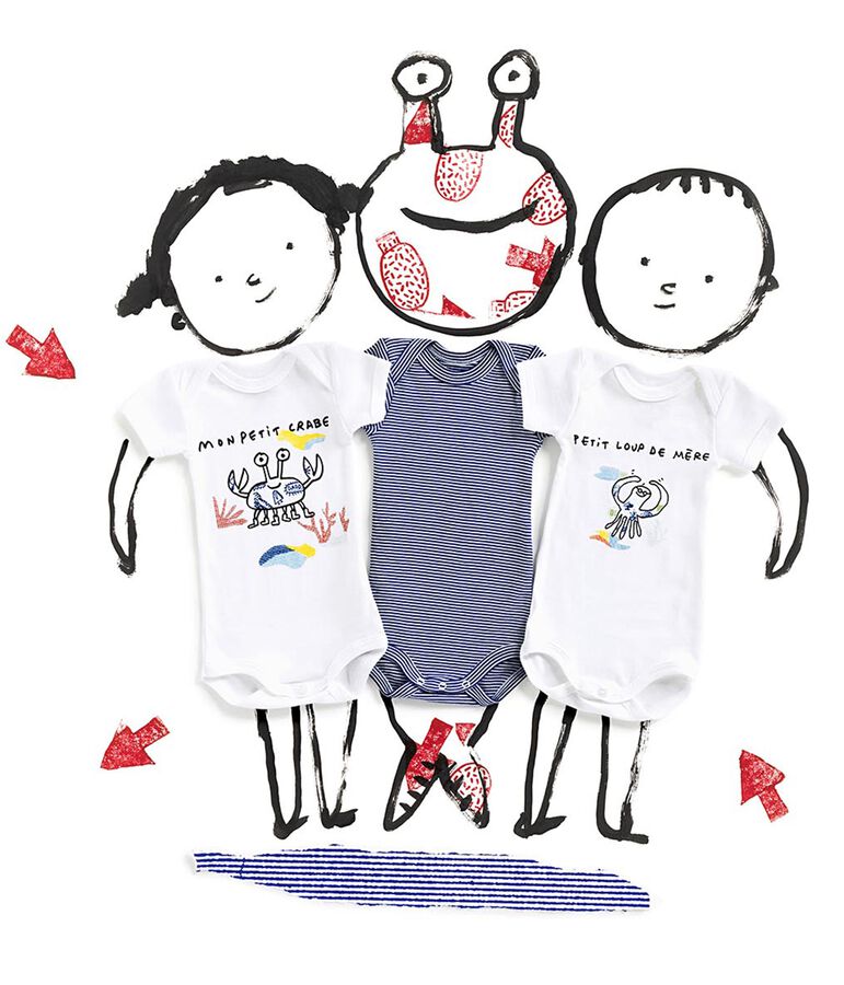 3er-Set kurz&auml;rmelige, wei&szlig;e Baby-Bodys Serge Bloch vielfarbig