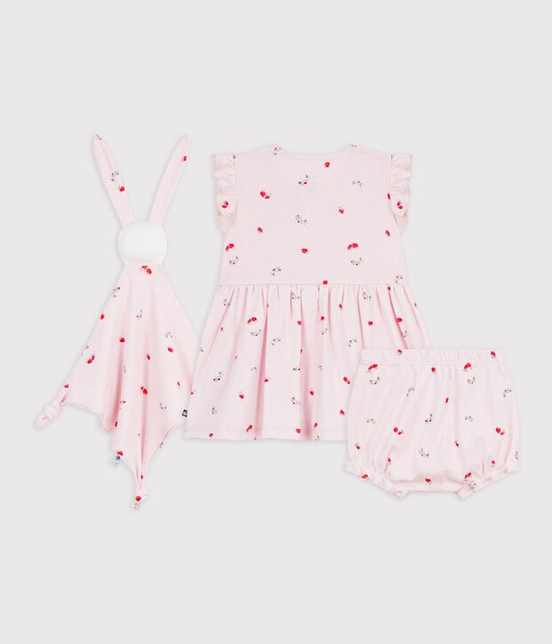 Baby-Geschenkset Kleid und Kuscheltier aus Baumwolle mit Blumenmuster rosa/vielfarbig