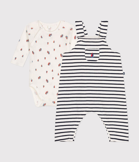 Baby-Set Latzhose und Body aus Baumwolle weiss MARSHMALLOW/blau SMOKING