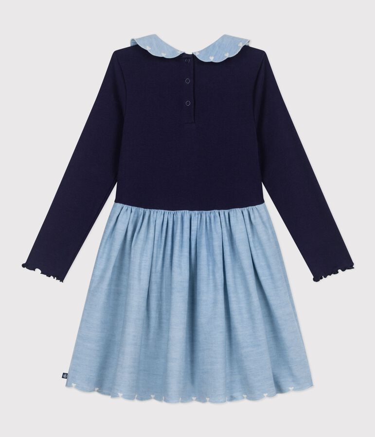 Lang&auml;rmeliges Kinder-Kleid aus zwei Stoffen blau