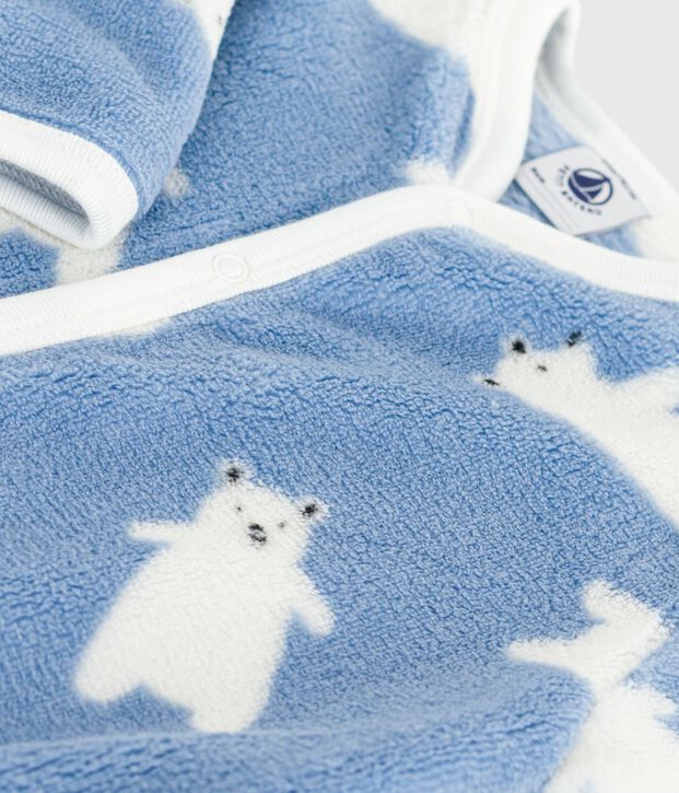 Baby Fleece-Pyjama zum &Uuml;berziehen mit B&auml;r-Motiv blau/naturfarben