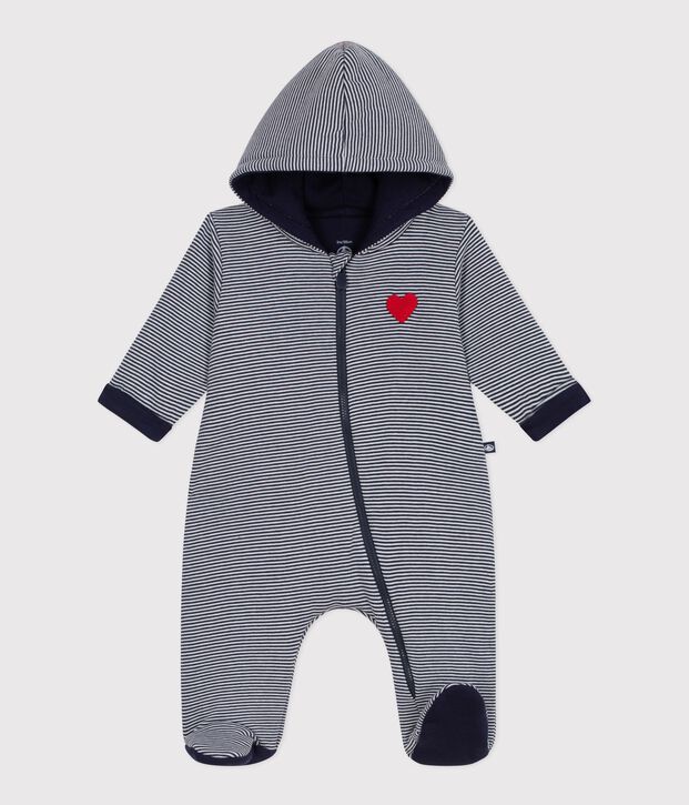 Wattierter Baby-Overall mit Kapuze und F&uuml;&szlig;chen, gestreift blau/weiss