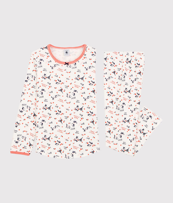 Kinderpyjama aus Bio-Baumwolle mit Paris-Print für Mädchen weiss MARSHMALLOW/weiss MULTICO