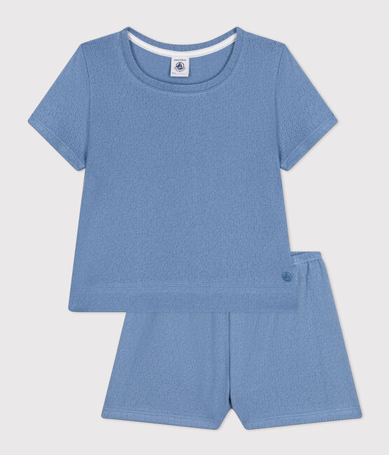 Einfarbiger Kurz-Pyjama aus Ajour-Baumwolle für kleine Mädchen blau BEACH