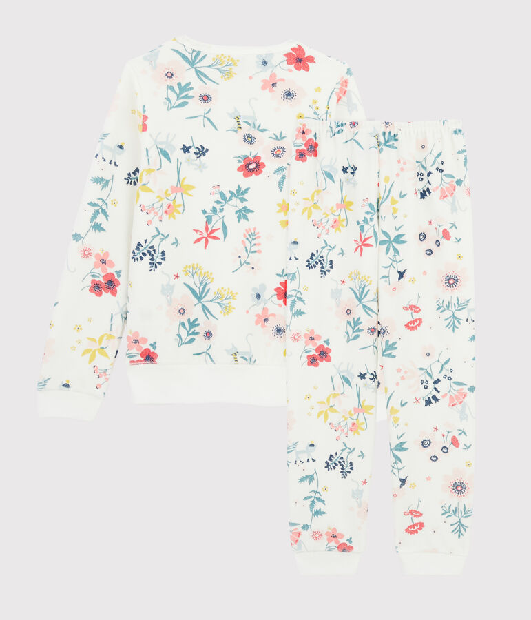 Kinderpyjama aus Nicki mit Blumenaufdruck f&uuml;r M&auml;dchen weiss/vielfarbig