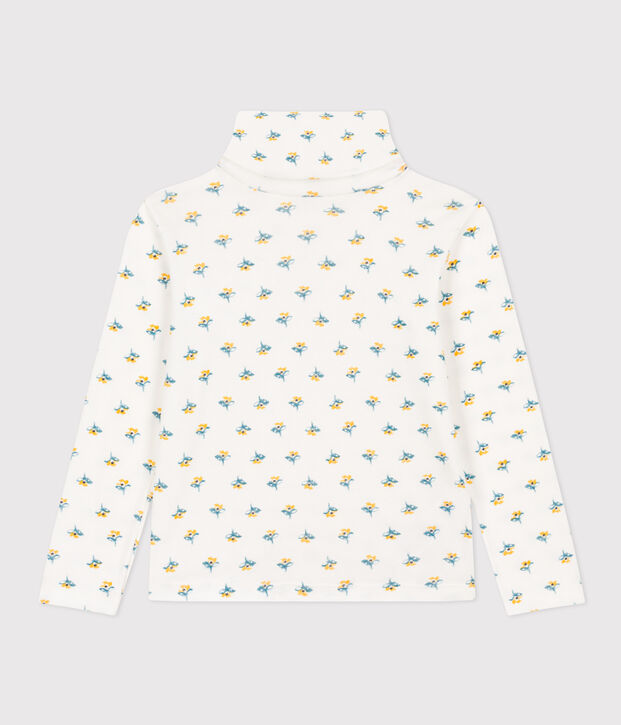 Kinder-Rollkragenshirt aus Baumwolle mit Blumenmuster f&uuml;r M&auml;dchen weiss/vielfarbig