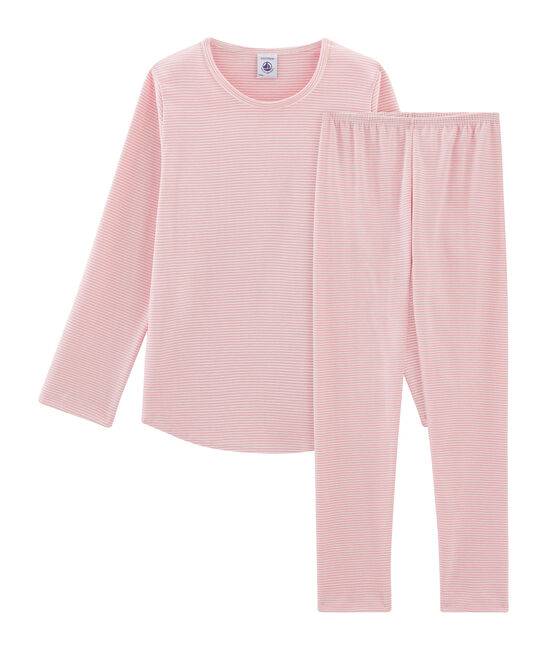 Rippstrick-Pyjama für Mädchen rosa CHARME/weiss MARSHMALLOW