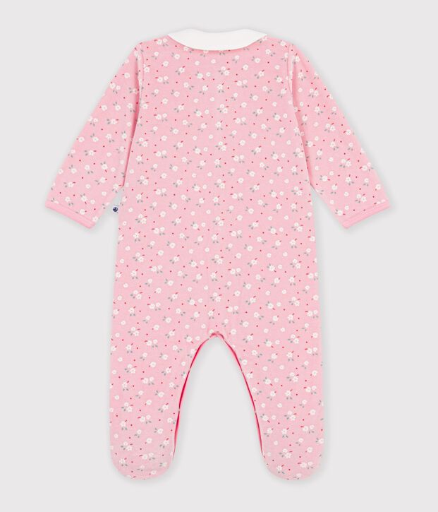 Strampler aus Nicki mit Kragen und Blumenmuster rosa/vielfarbig
