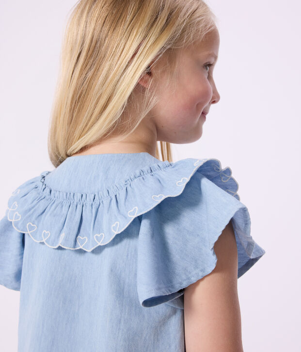 Kurz&auml;rmelige Kinder-Bluse aus einfarbiger Baumwolle blau