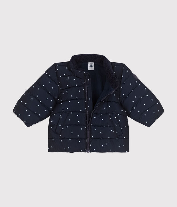 Gemusterte  Baby-Winterjacke mit einrollbarer Kapuze blau/weiss