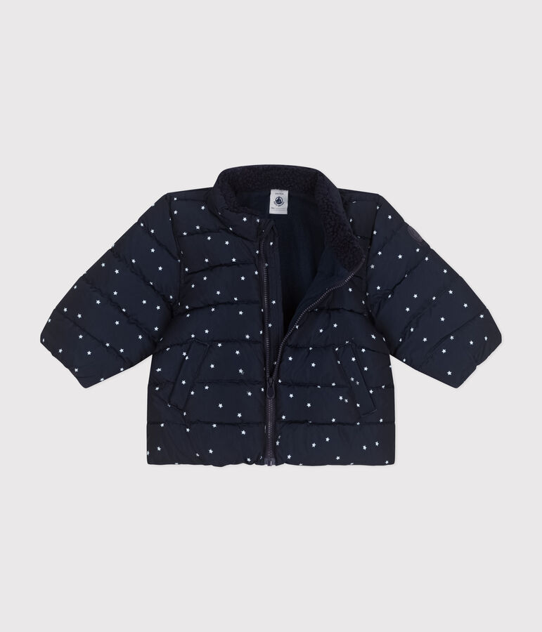 Gemusterte  Baby-Winterjacke mit einrollbarer Kapuze blau/weiss