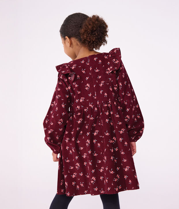 Lang&auml;rmeliges Kinder-Kleid aus gebl&uuml;mtem Fein-Cord rot/vielfarbig