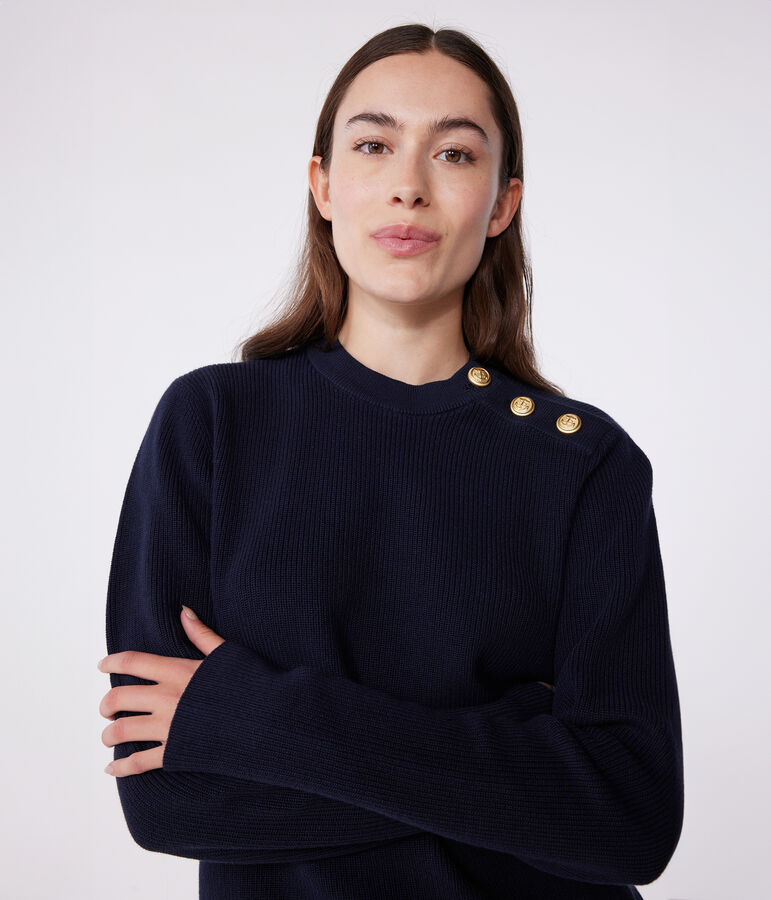 Damen-Marinepullover aus einfarbiger Baumwolle blau
