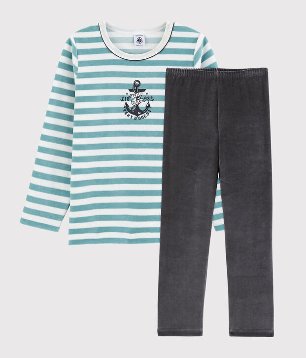 Kinderpyjama aus Nicki mit Ankermotiv f&uuml;r Jungen weiss/blau/vielfarbig