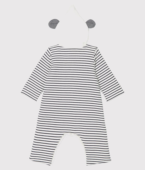 Langer, gestreifter Baby-Overall aus Bio-Baumwolle mit Kapuze weiss MARSHMALLOW/blau SMOKING