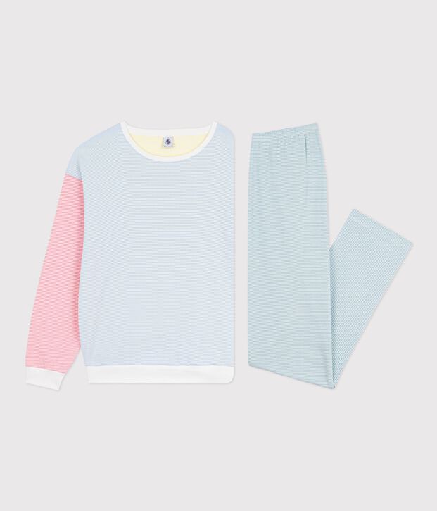 Damen-Pyjama aus Baumwolle mit Streifen weiss/vielfarbig