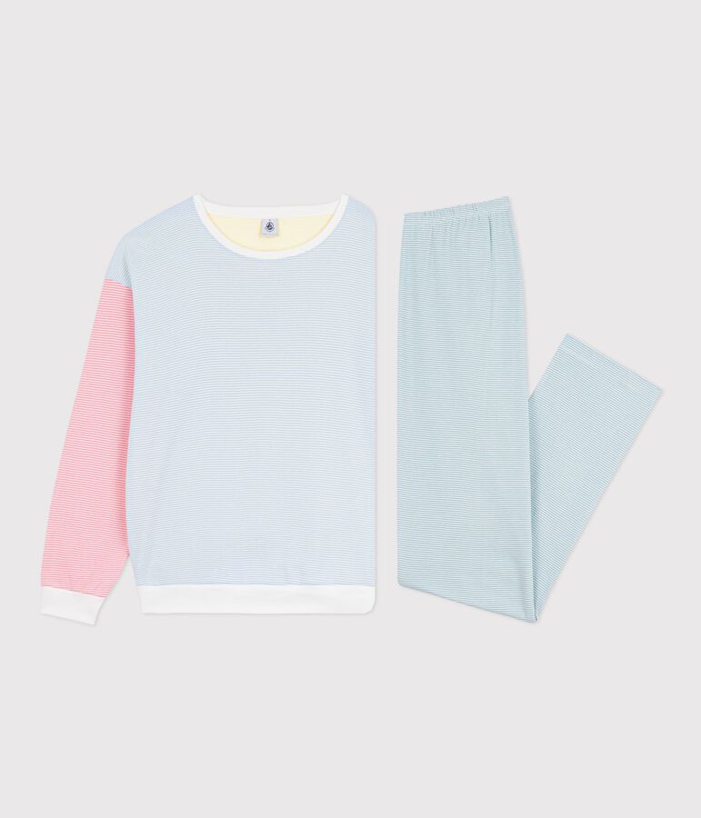 Damen-Pyjama aus Baumwolle mit Streifen weiss MARSHMALLOW/weiss MULTICO
