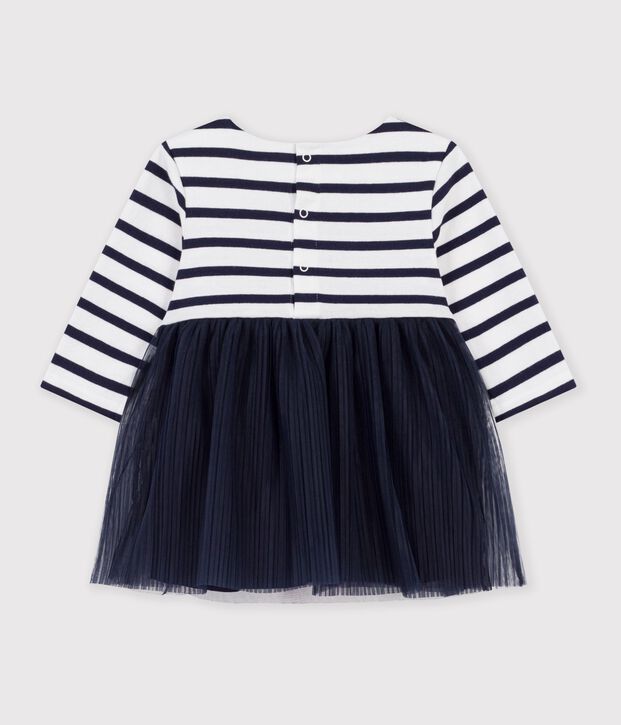 Lang&auml;rmliges Baby-Kleid aus zwei Stoffen mit Streifen weiss/vielfarbig