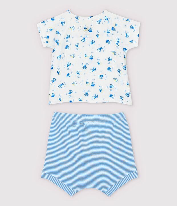Zweiteiliges Baby-Set aus Bio-Baumwoll-Windelstoff in Blau weiss/vielfarbig
