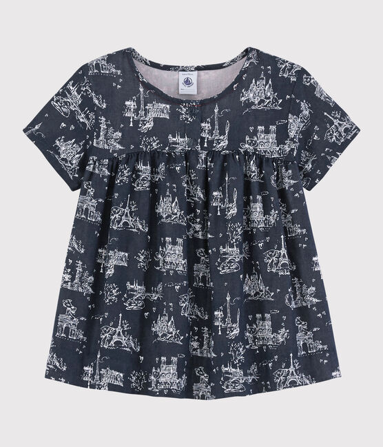 Kurzärmeliges Kinder-Kleid aus Doppeljersey für Mädchen blau SMOKING/weiss ECUME