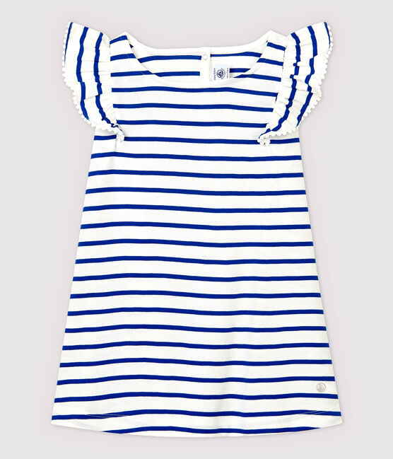 Kurzärmeliges Kinder-Kleid aus Baumwolle für Mädchen weiss MARSHMALLOW/blau SURF