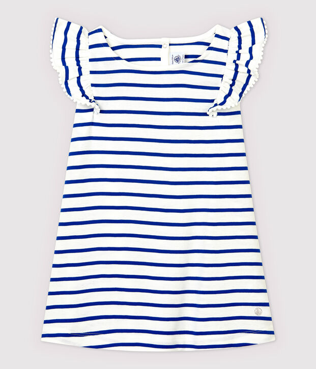 Kurz&auml;rmeliges Kinder-Kleid aus Baumwolle f&uuml;r M&auml;dchen weiss/blau