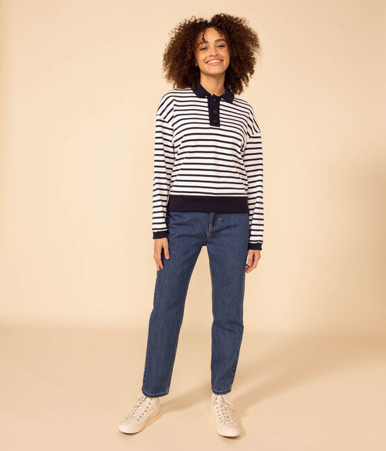 Polo-Streifenshirt aus Baumwolle für Damen weiss MARSHMALLOW/blau SMOKING