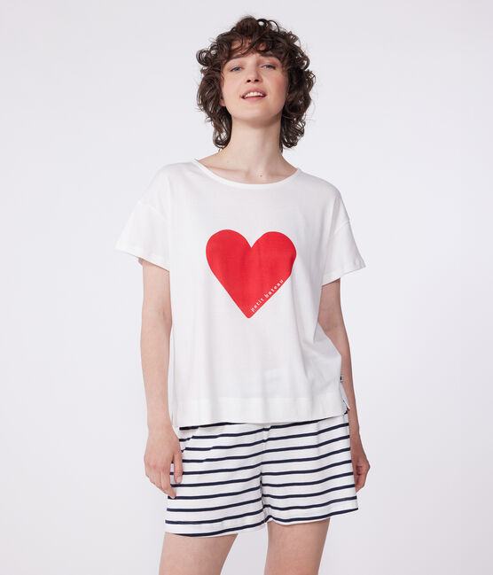 Damen-Kurzpyjama aus Baumwolle mit Herzmotiv weiss MARSHMALLOW/blau SMOKING