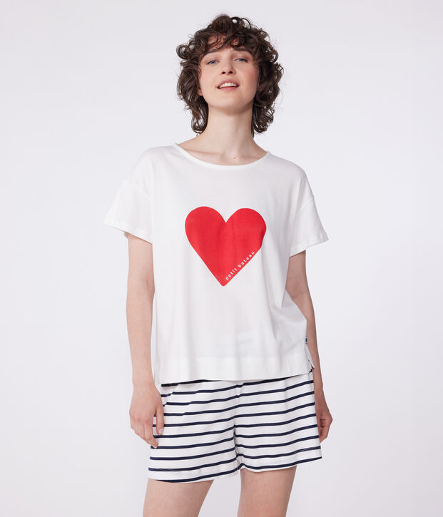 Damen-Kurzpyjama aus Baumwolle mit Herzmotiv weiss/blau