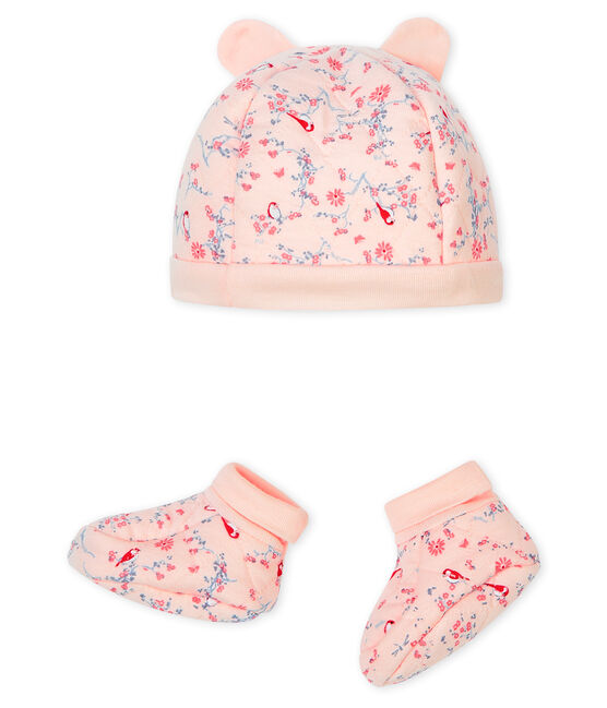 Set mit Mützchen für Neugeborene und Babyschuhen aus Doppeljersey rosa FLEUR/weiss MULTICO