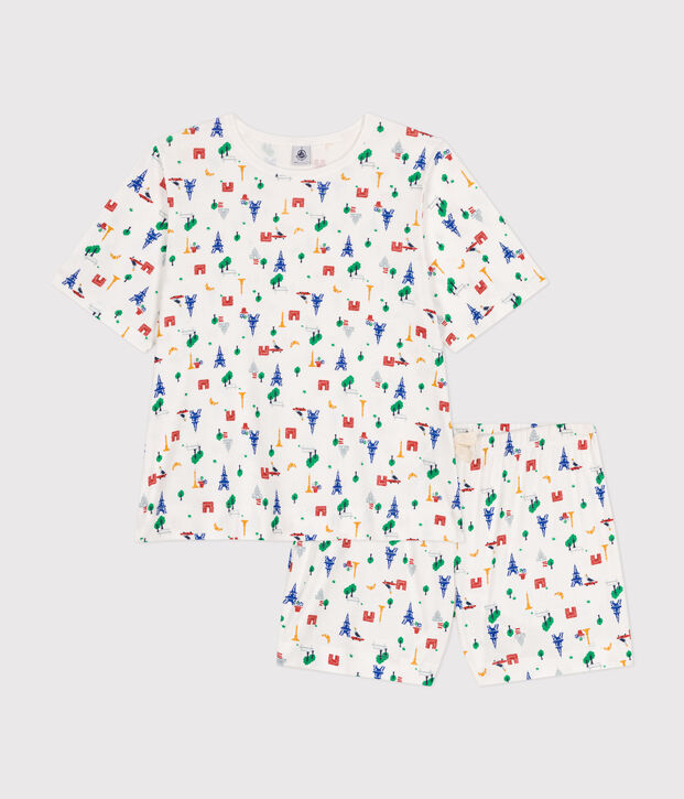 Damen-Pyjama, Shorts und T-Shirt aus Baumwolle mit Paris-Motiv weiss/blau/vielfarbig