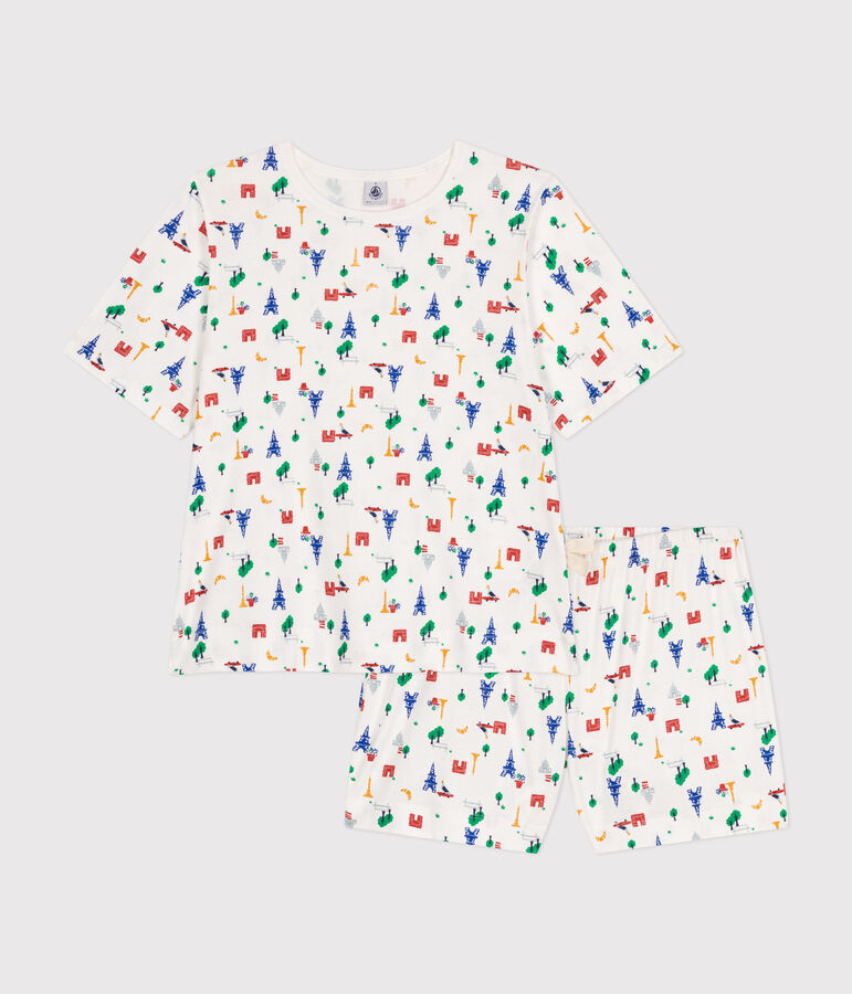 Damen-Pyjama, Shorts und T-Shirt aus Baumwolle mit Paris-Motiv weiss/blau/vielfarbig